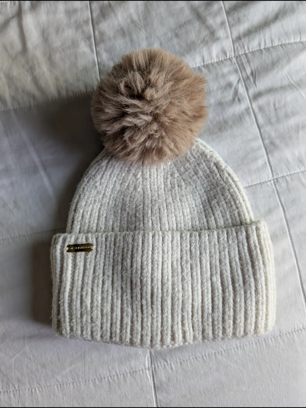 Steve Madden Cream Knit Pom Beanie with Tan Pom